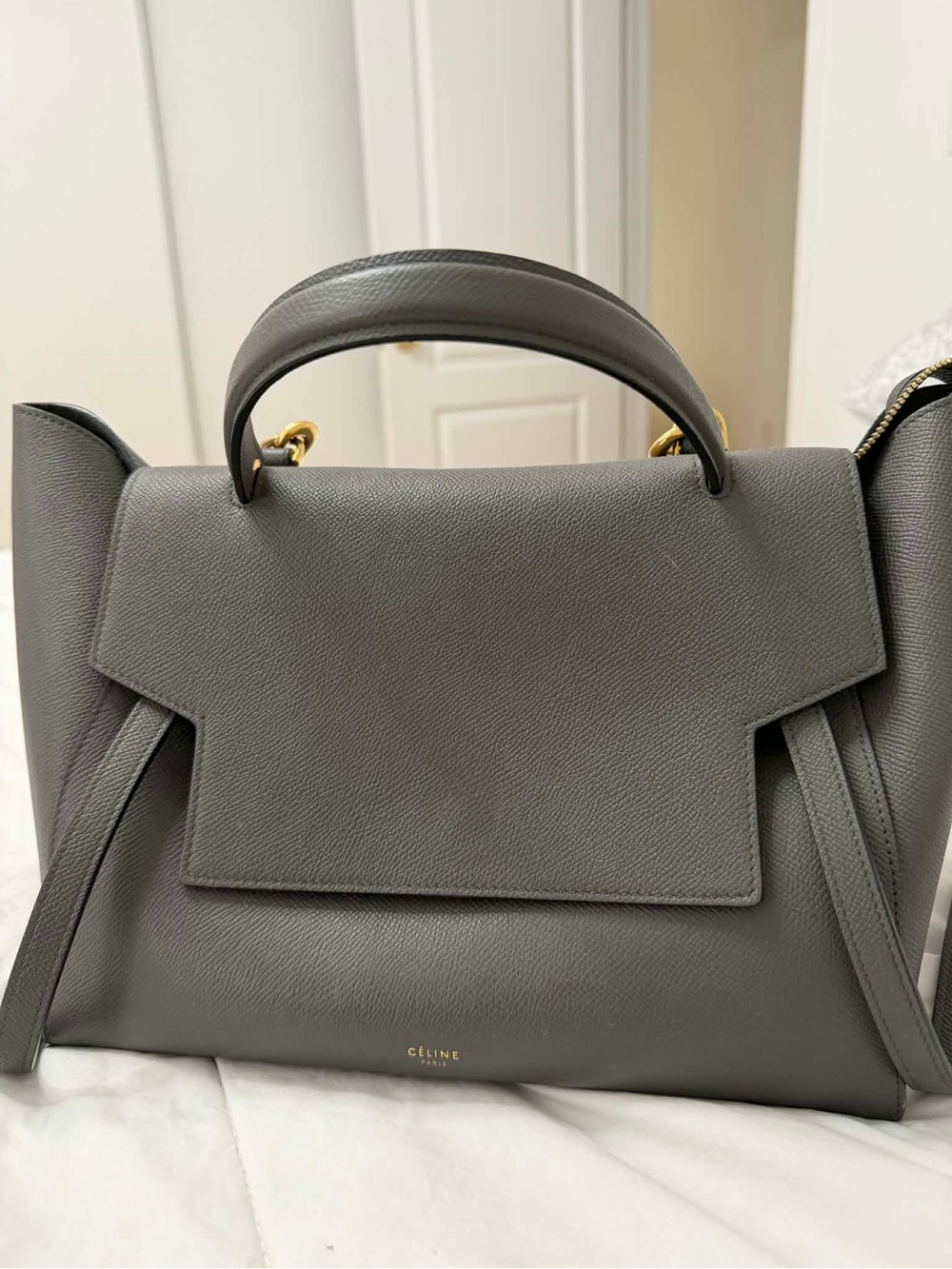 Celine Gray Pebbled Leather Top-Handle Satchel with Gold Hardware